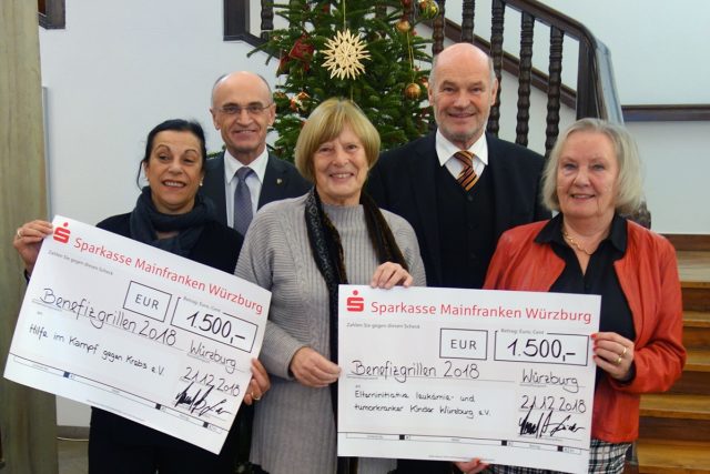 Große Freude bei der Spendenübergabe zugunsten der Elterninitiative leukämie- und tumorkranker Kinder sowie des Vereins „Hilfe im Kampf gegen Krebs“. Von links: Gabriele Nelkenstock, Landrat Wilhelm Schneider, Heidrun Grauer , Landrat Eberhard Nuß und Monika Demmich.