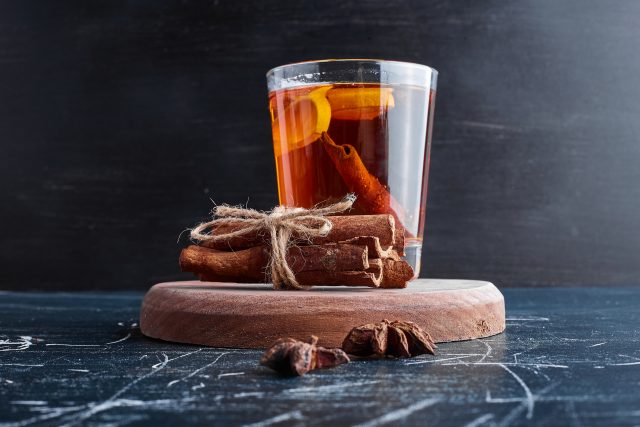 A glass of glintwine with lemon and cinnamon Hot Toddy