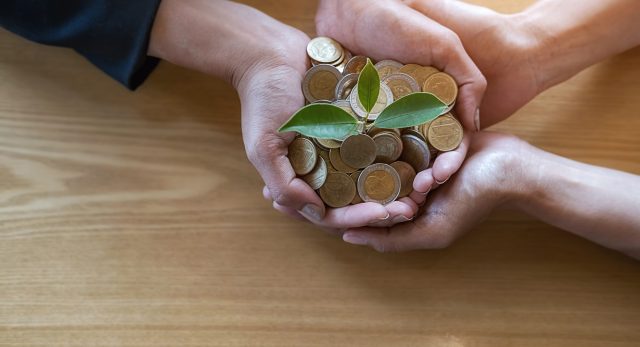 Businessmen teamwork hands with trees growth up on coin and bank