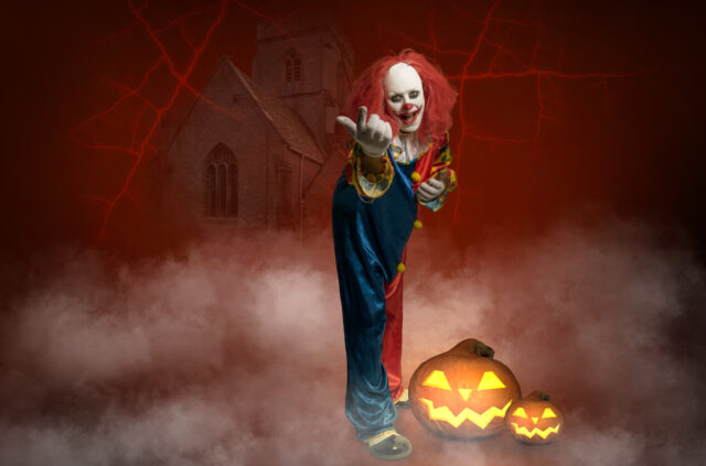 creepy clown in front of an abstract background attracts the viewer