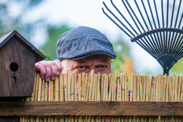 An evil, aggressive man watches his neighborhood over the garden