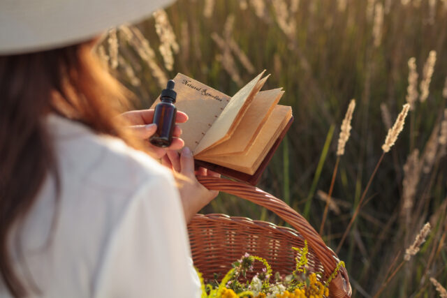 Natural herbal medicine, brown bottle - MOCKUP, blank note pad. Copy space for text.